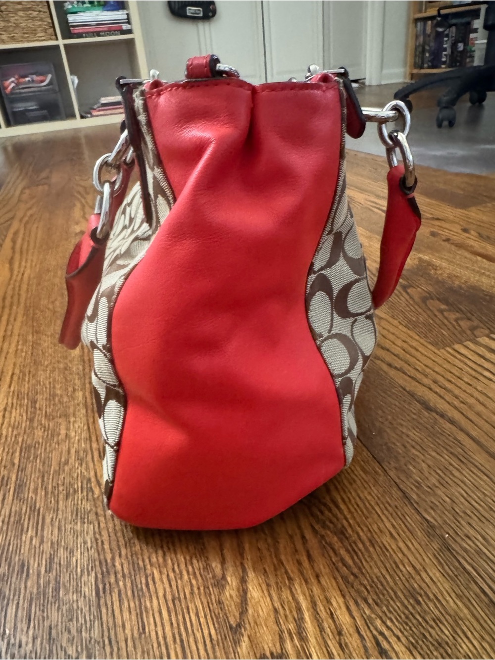 Coach Signature Canvas Coral Red Leather Satchel Crossbody Bag Purse EUC - Picture 3 of 16